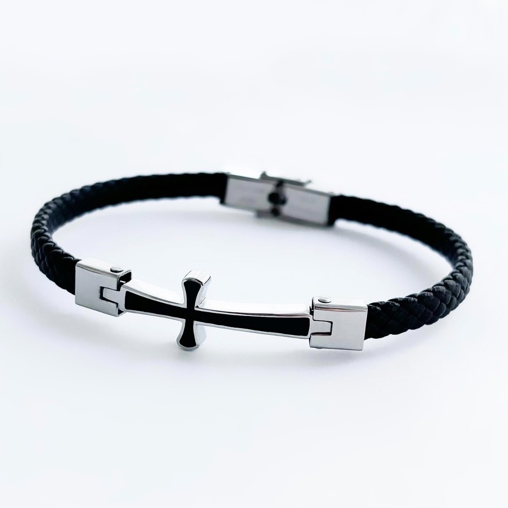 Leather Black Cross Point Bracelet